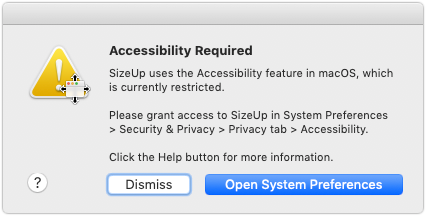 Dialog showing "SizeUp" requesting access to Accessibility.